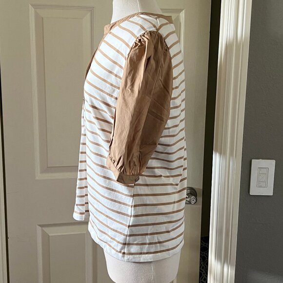 VERONICA BEARD Kellie Tan/White Striped Puff-Sleeve Top NWT XL - Picture 6 of 9